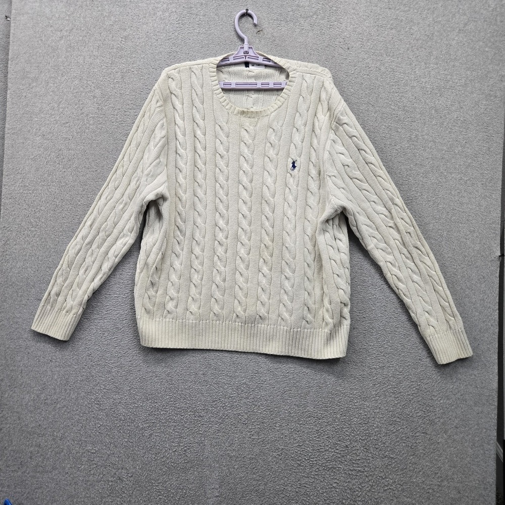 Polo Ralph Lauren Men Sweater XL Cream Fisherman Embroidered Pony Cable Knit